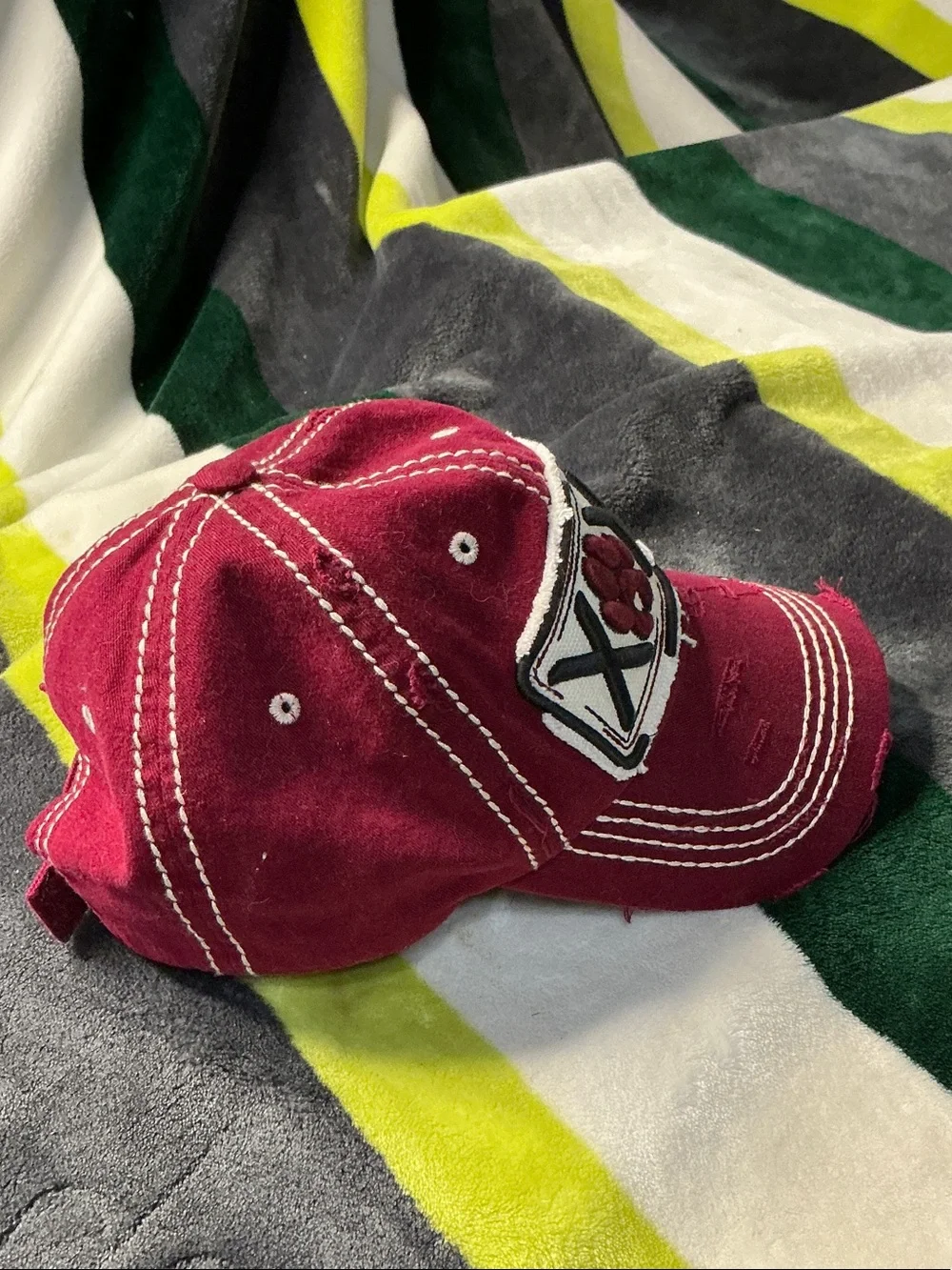 District Red  XOX Paws Distressed Baseball Cap Maroon Burgundy Washed